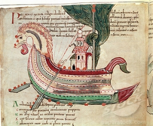 An ornate boat from a medieval manuscript. Found at http://azelina.wordpress.com/about-2/first-experiences-of-literature-and-writing/.